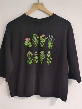 Udel  Black Tee Floral Botanical Garden Print Cropped Oversized Cotton Sz XL